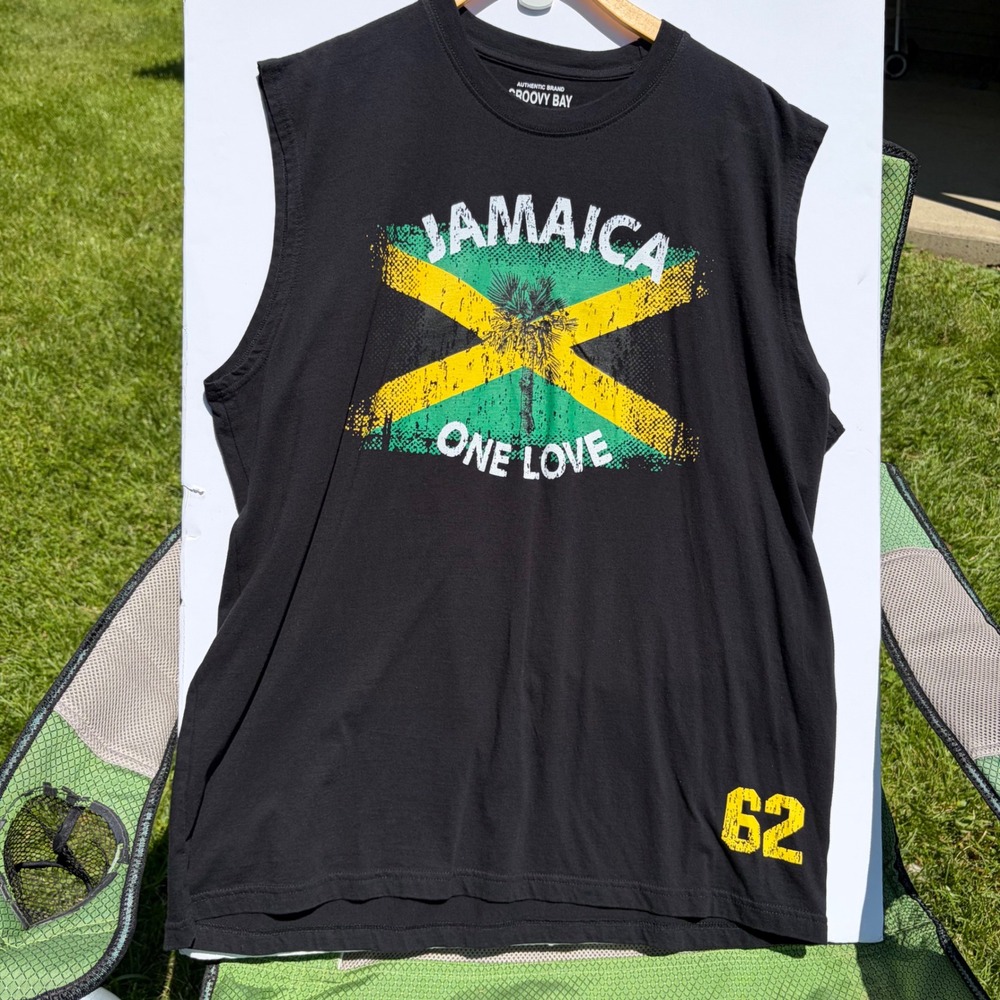 Groovy Bay Mens Jamaica One Love Muscle Tee Tank Top Black Distressed Graphic XL